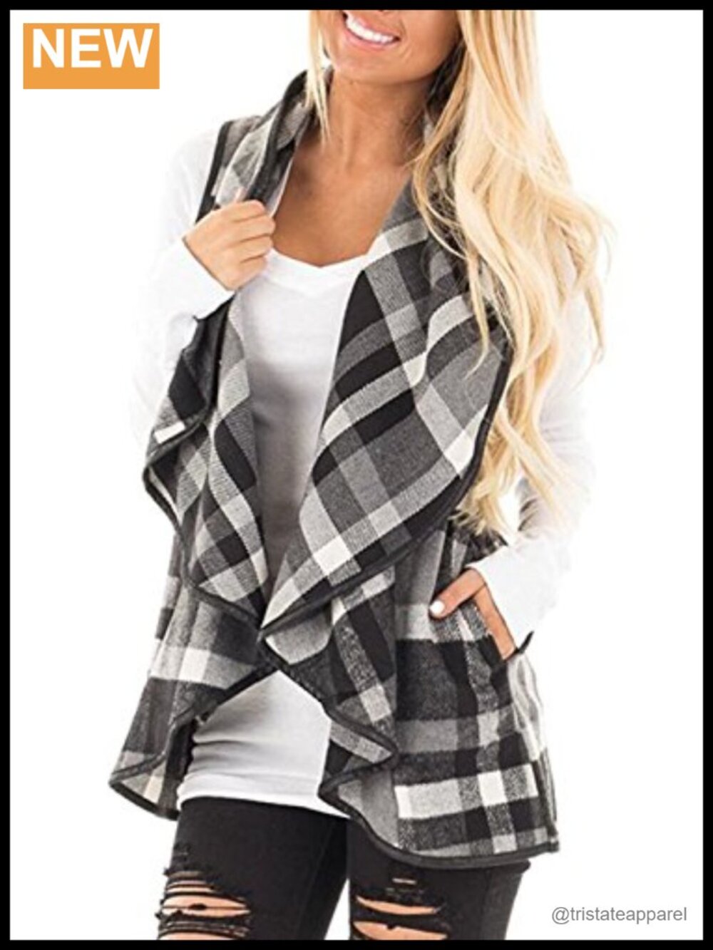 Women Plaid Vest Lapel Open Front Sleeveless Cardigan with Pockets